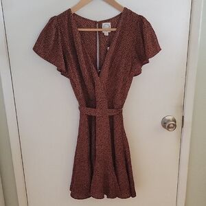 Franchescas Blue Rain Brown Flutter Sleeve Mini Sundress, Sz S, NWT